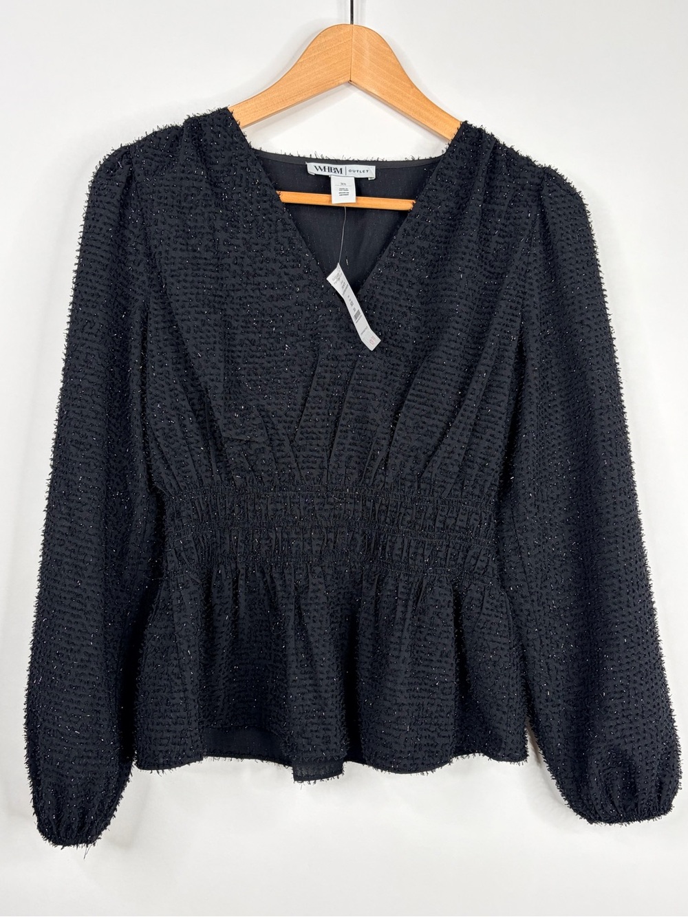 White House Black Market Black Textured V-Neck Peplum Blouse